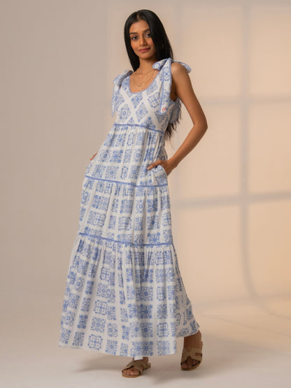 Maisy Blue White Printed Lace Trim Maxi Sun Dress 