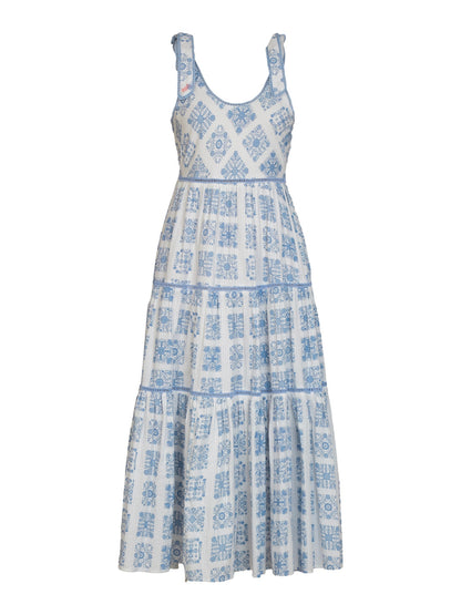 Maisy Blue White Printed Lace Trim Maxi Sun Dress 