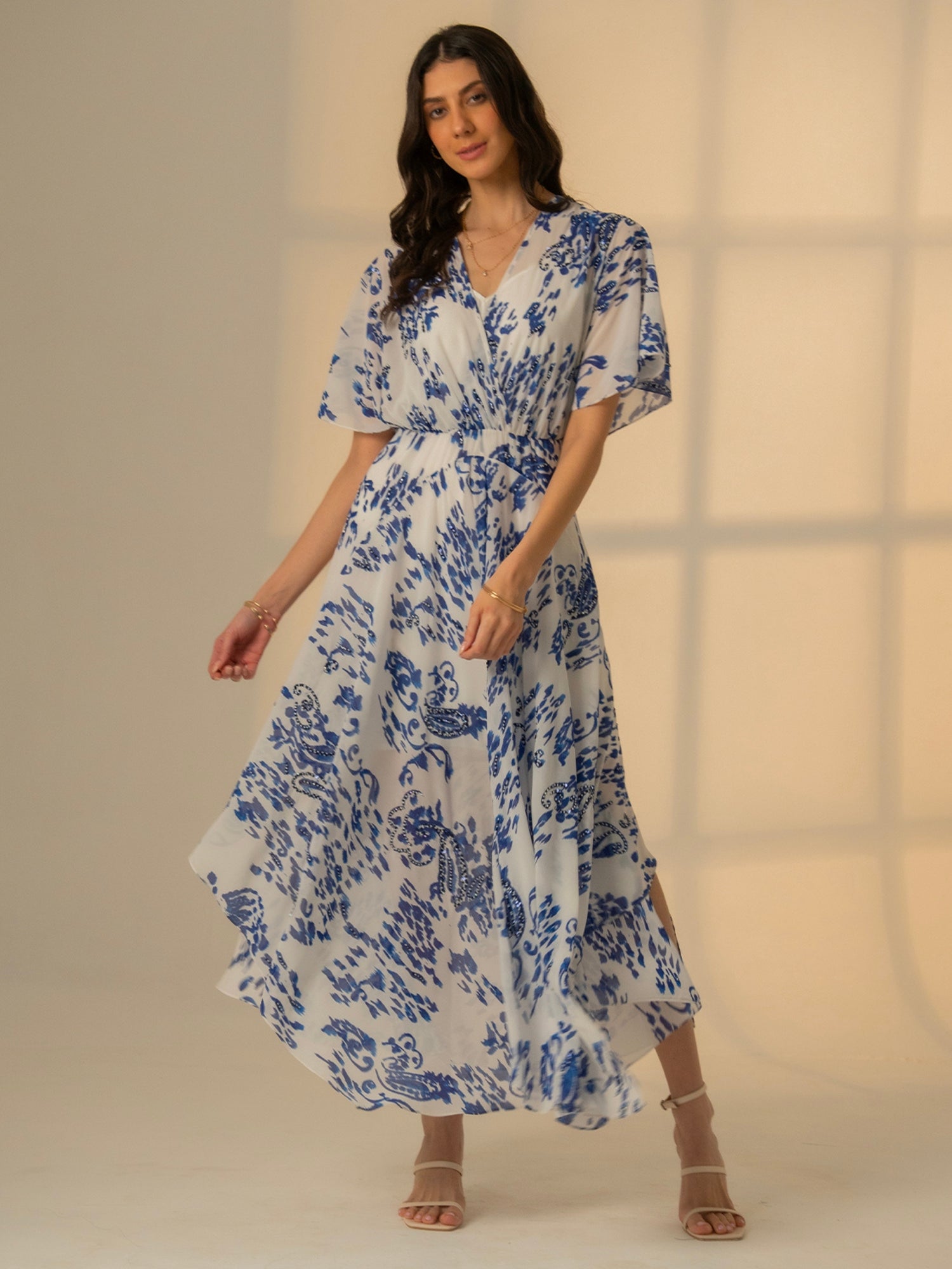 Mali Embellished Blue Drape Dress