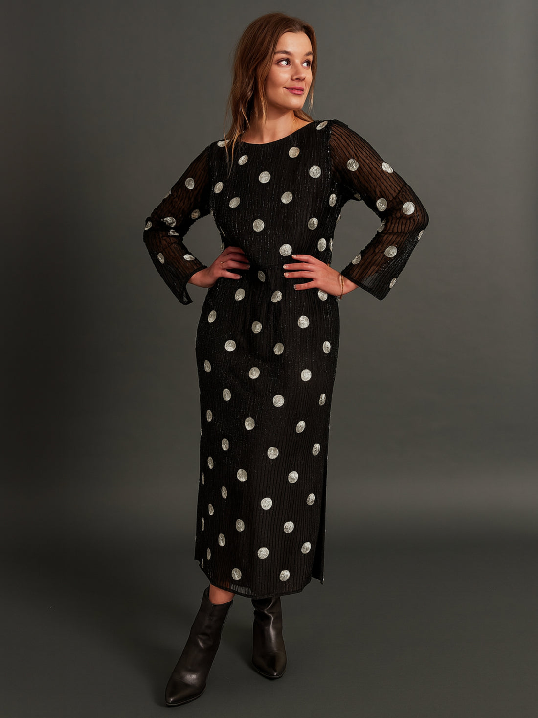 Merrin Black Polka Dot Hand Beaded Midi Dress