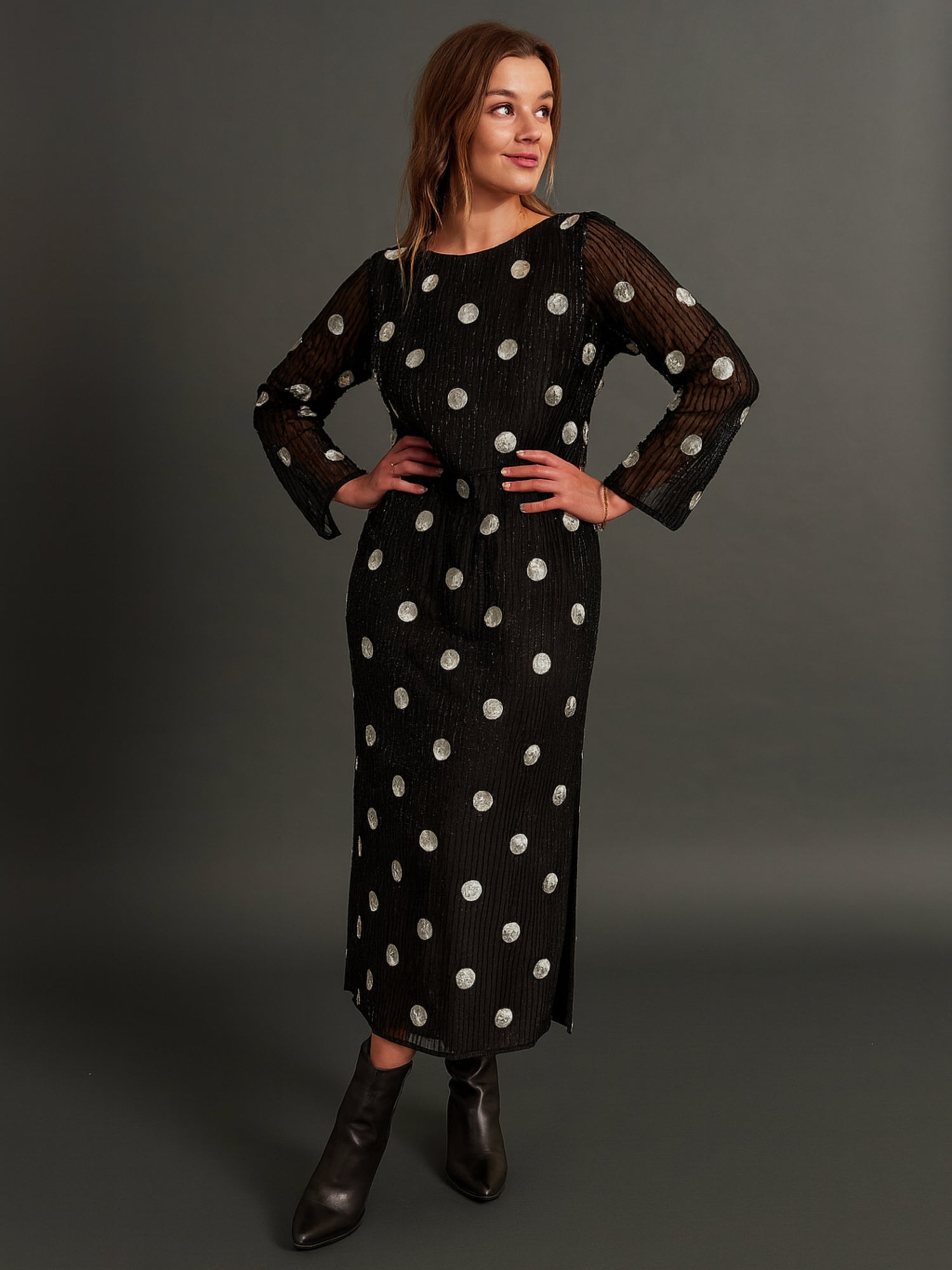 Merrin Black Polka Dot Hand Beaded Midi Dress