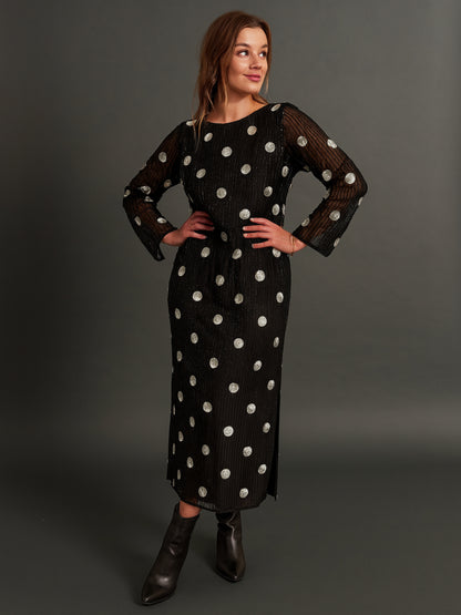 Merrin Black Polka Dot Hand Beaded Midi Dress