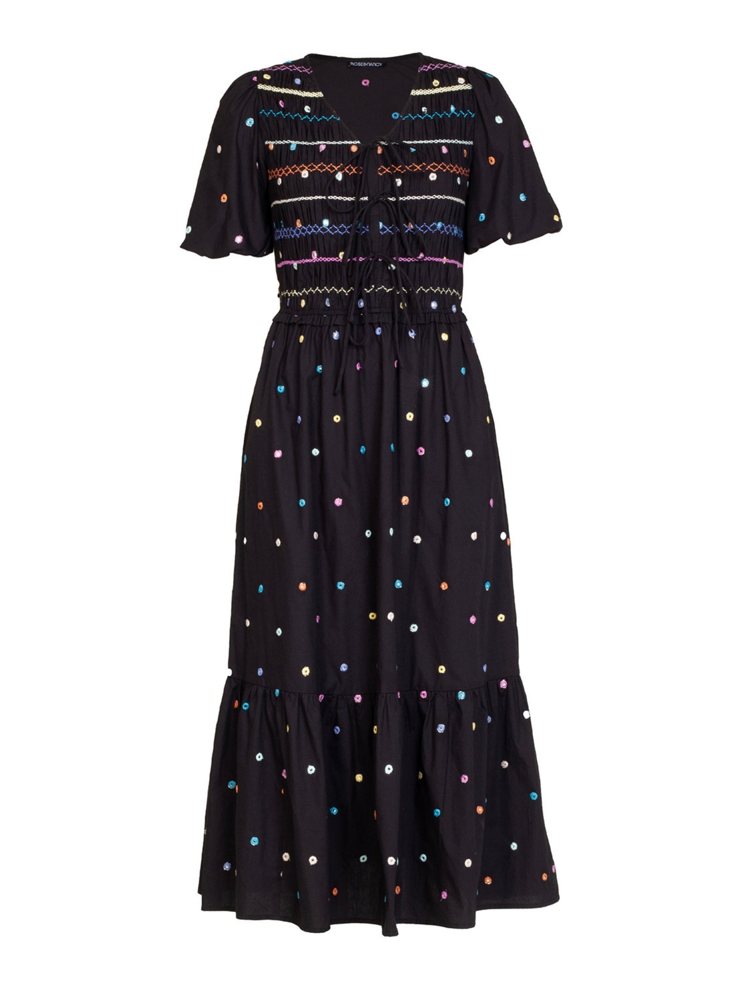Eddie Black Multi Embroidered Smocked Maxi Dress