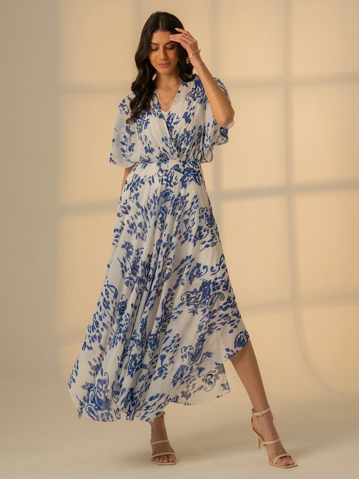 Mali Embellished Blue Drape Dress