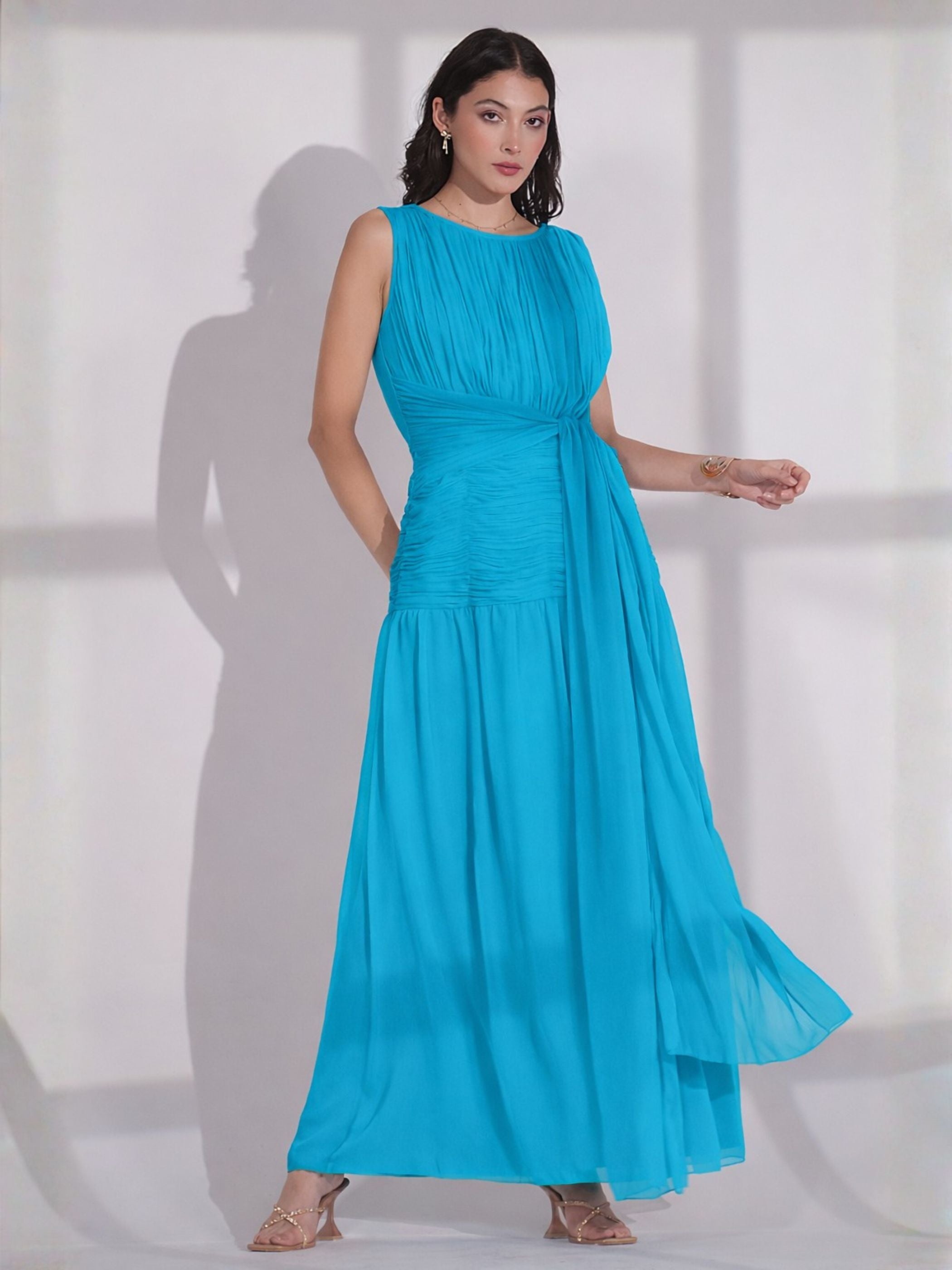Amy Turquoise Blue Drape Tie Waist Maxi Dress