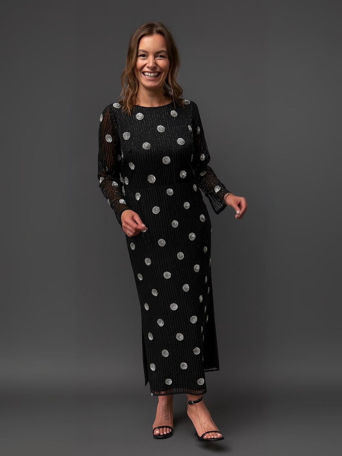 Merrin Black Polka Dot Hand Beaded Midi Dress