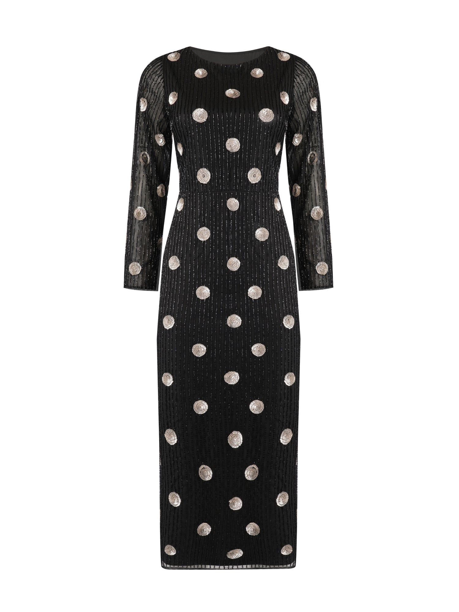 Merrin Black Polka Dot Hand Beaded Midi Dress