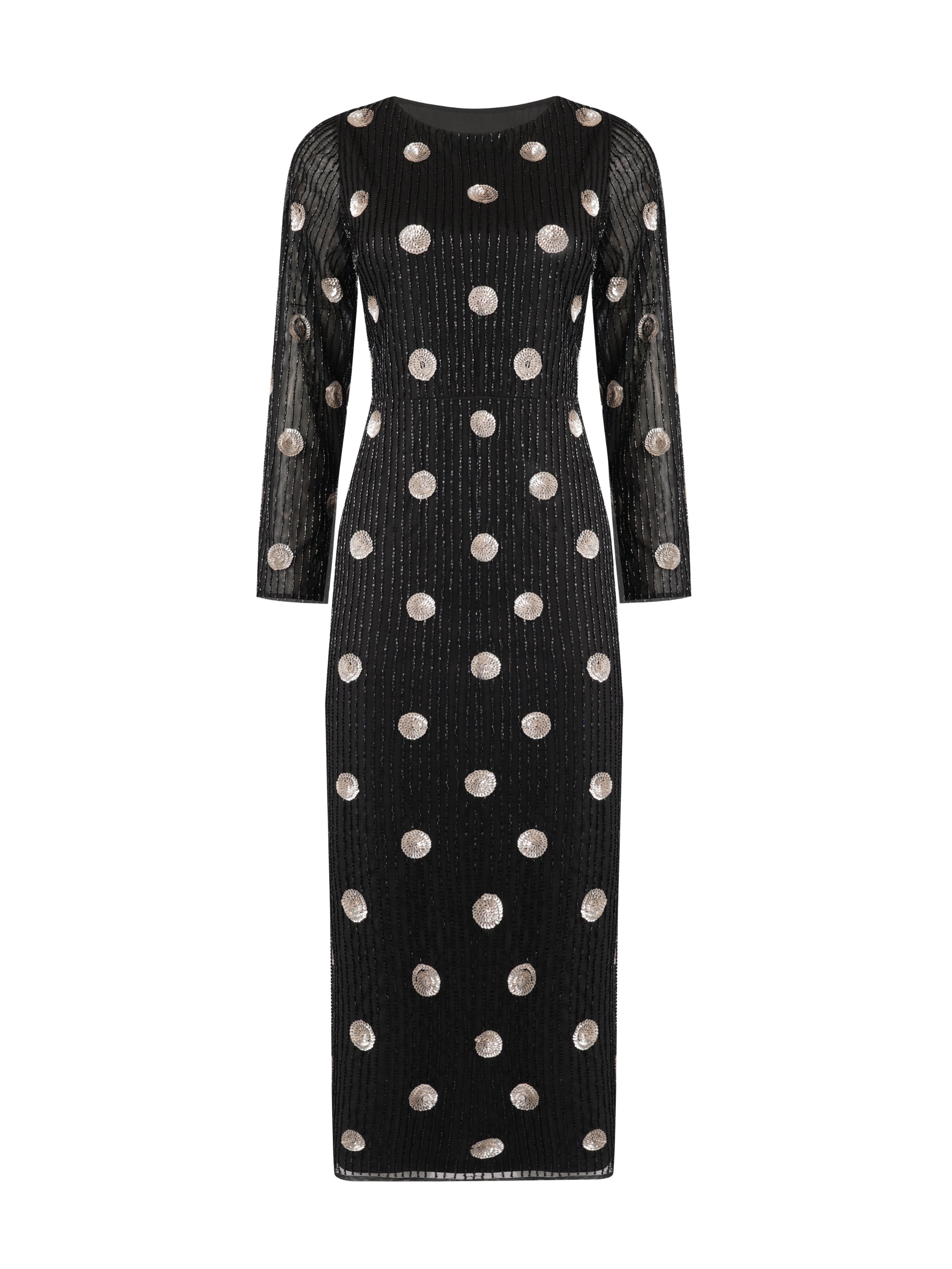 Merrin Black Polka Dot Hand Beaded Midi Dress
