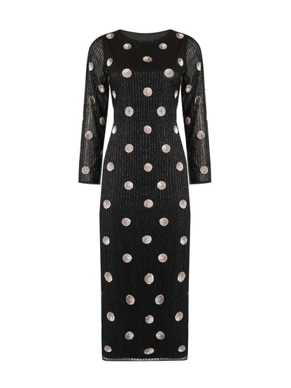 Merrin Black Polka Dot Hand Beaded Midi Dress