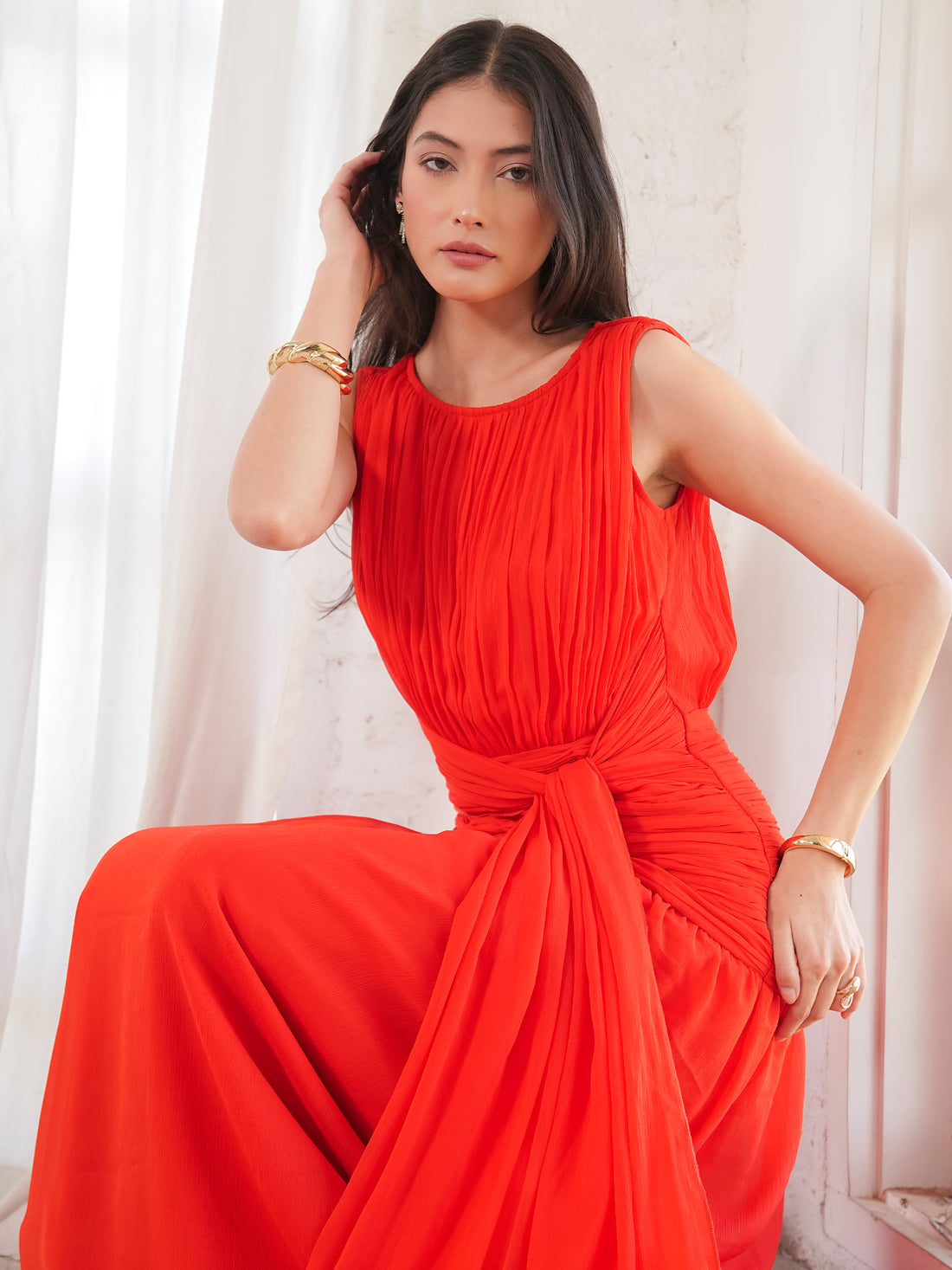Amy Red Drape Tie Waist Maxi Dress
