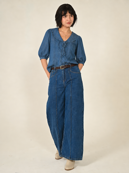 Olive Blue Denim Tencel Collar Blouse