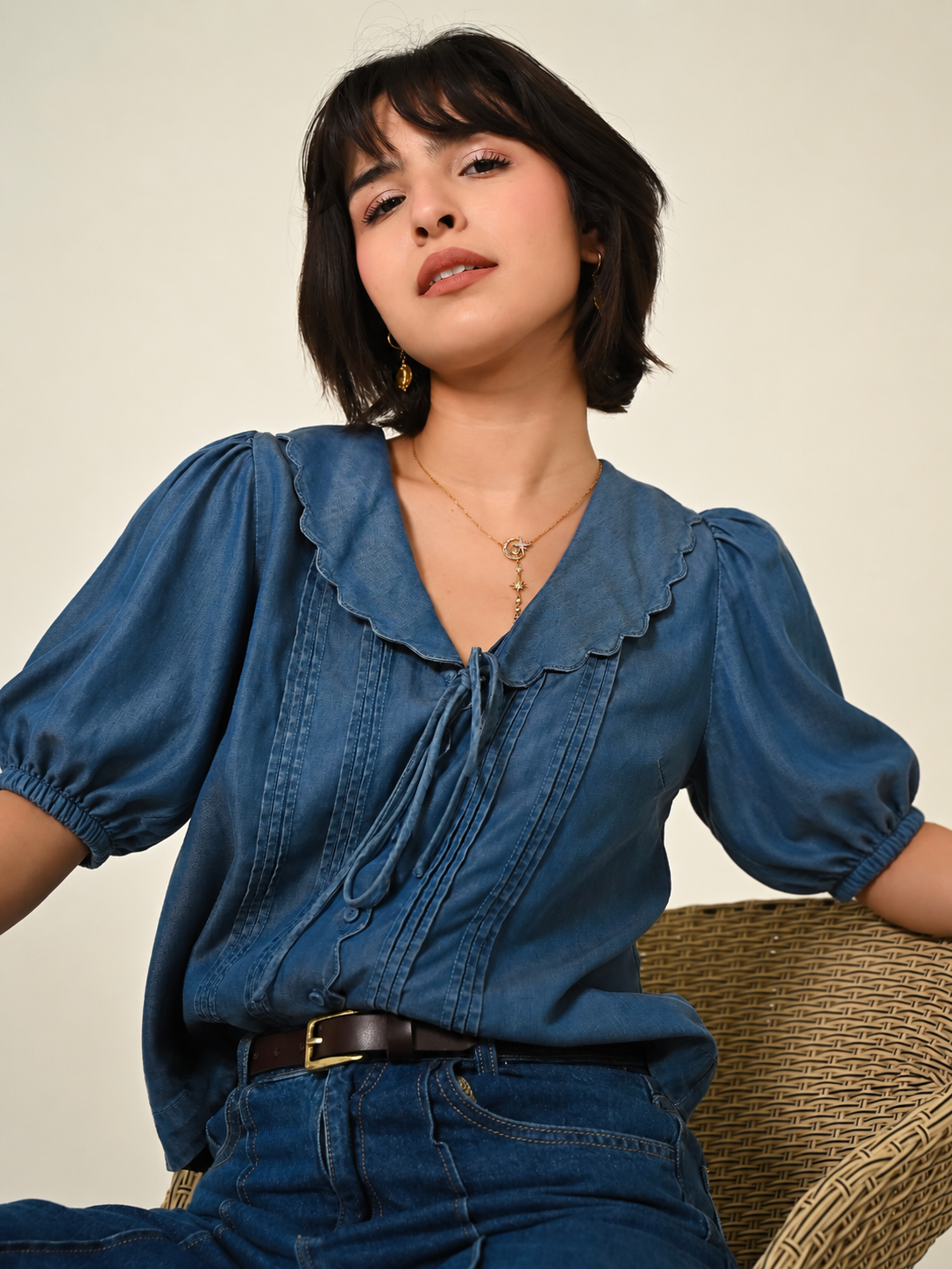 Olive Blue Denim Tencel Collar Blouse