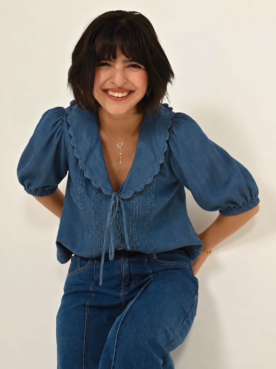 Olive Blue Denim Tencel Collar Blouse