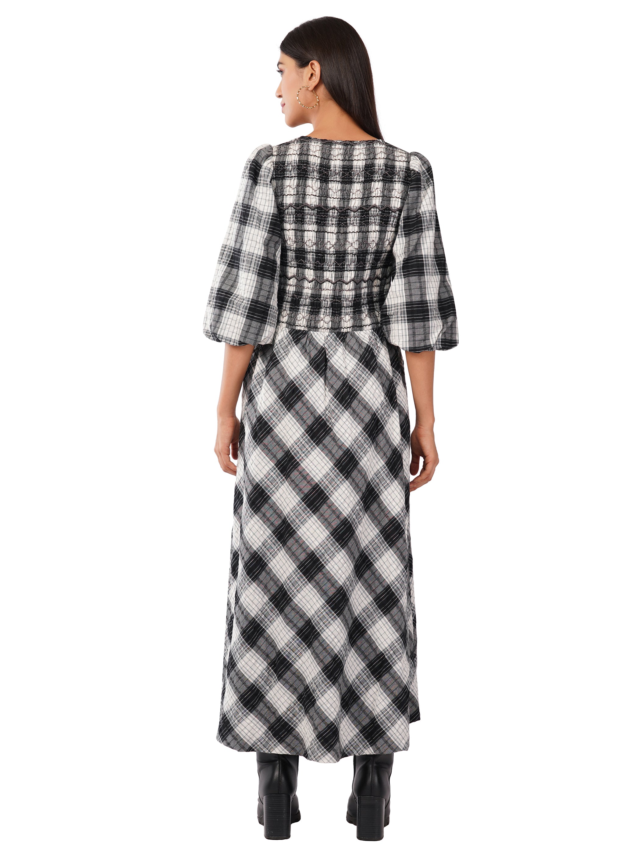 Nella Black and White Check Smocked Midi Dress 
