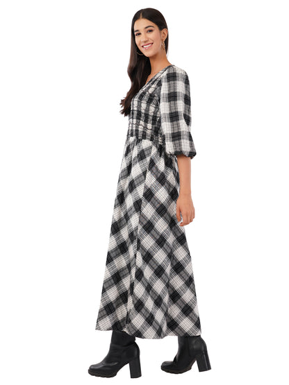 Nella Black and White Check Smocked Midi Dress 