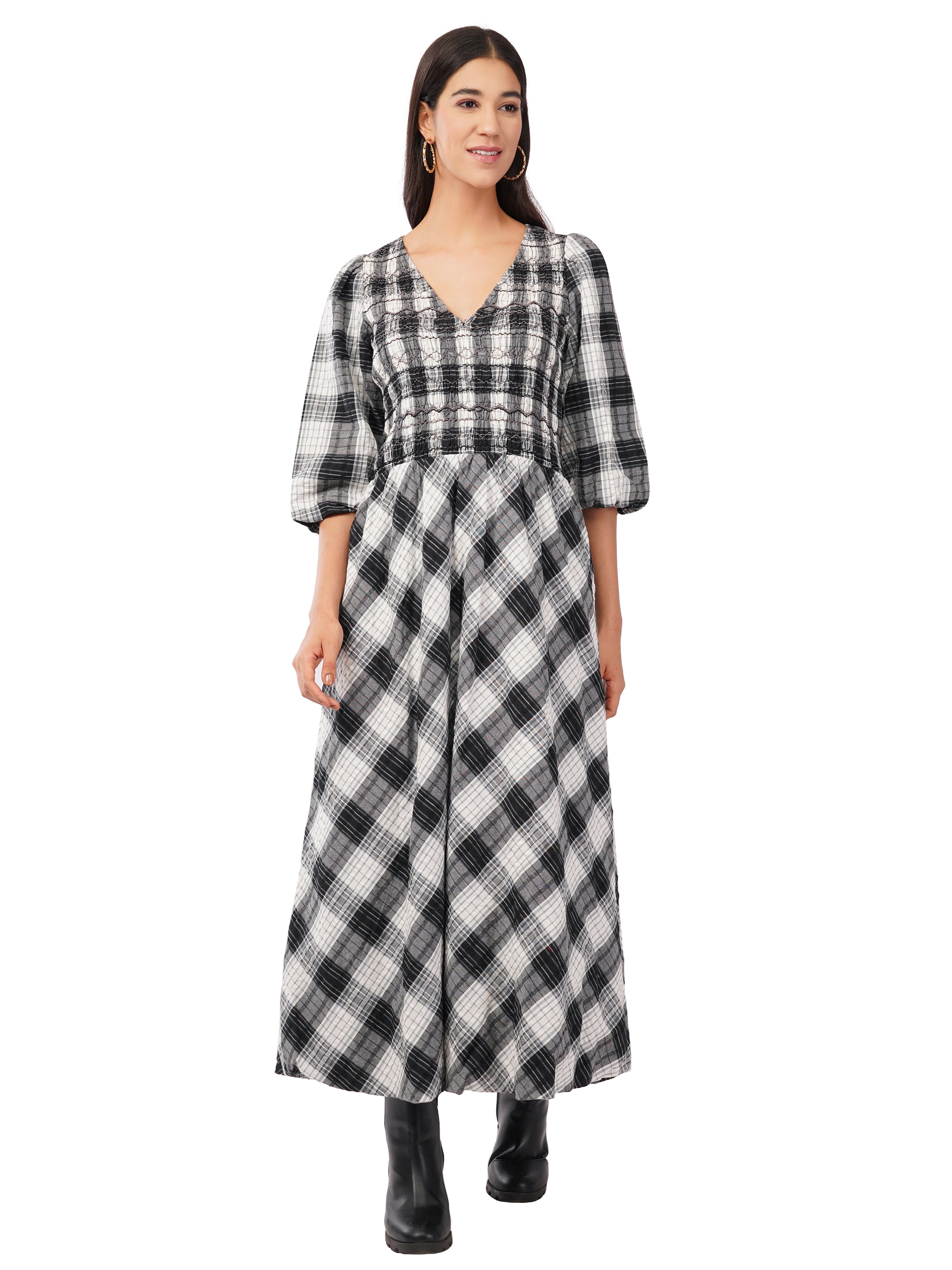 Nella Black and White Check Smocked Midi Dress 