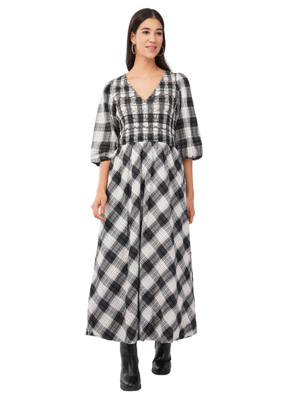 Nella Black and White Check Smocked Midi Dress 