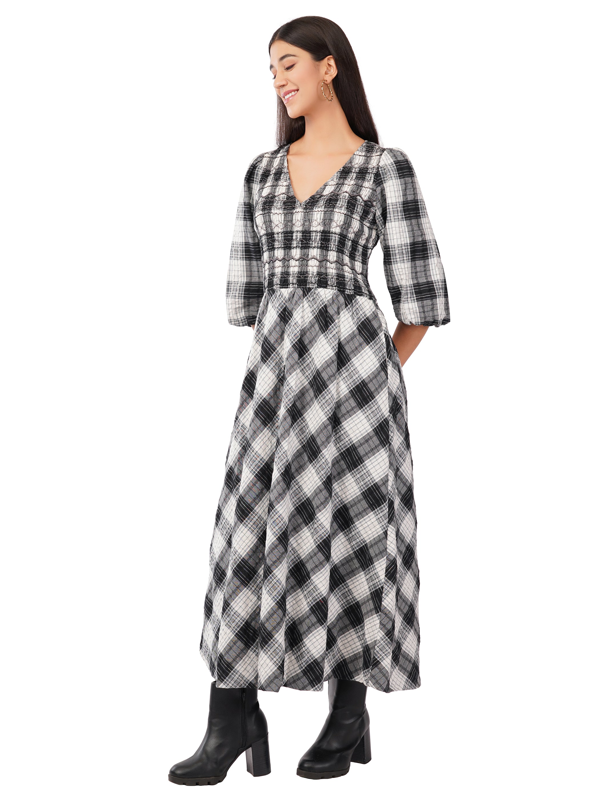 Nella Black and White Check Smocked Midi Dress 