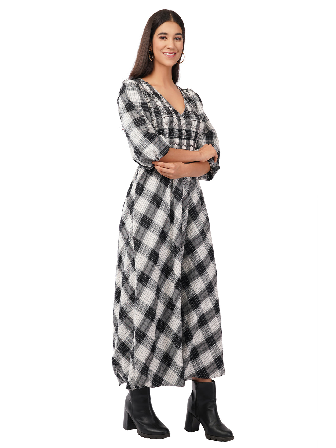 Nella Black and White Check Smocked Midi Dress 