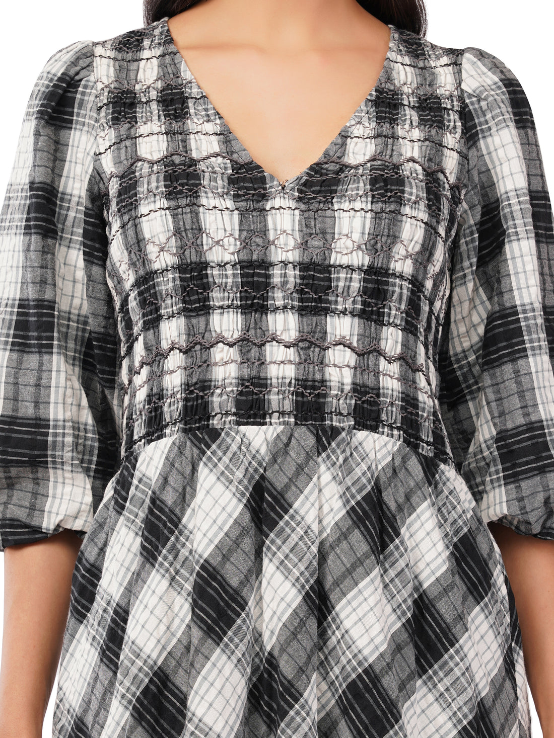 Nella Black and White Check Smocked Midi Dress 