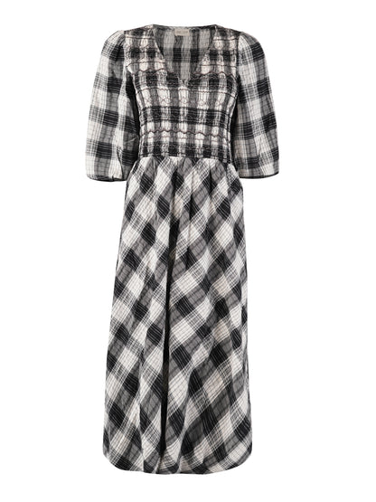 Nella Black and White Check Smocked Midi Dress 