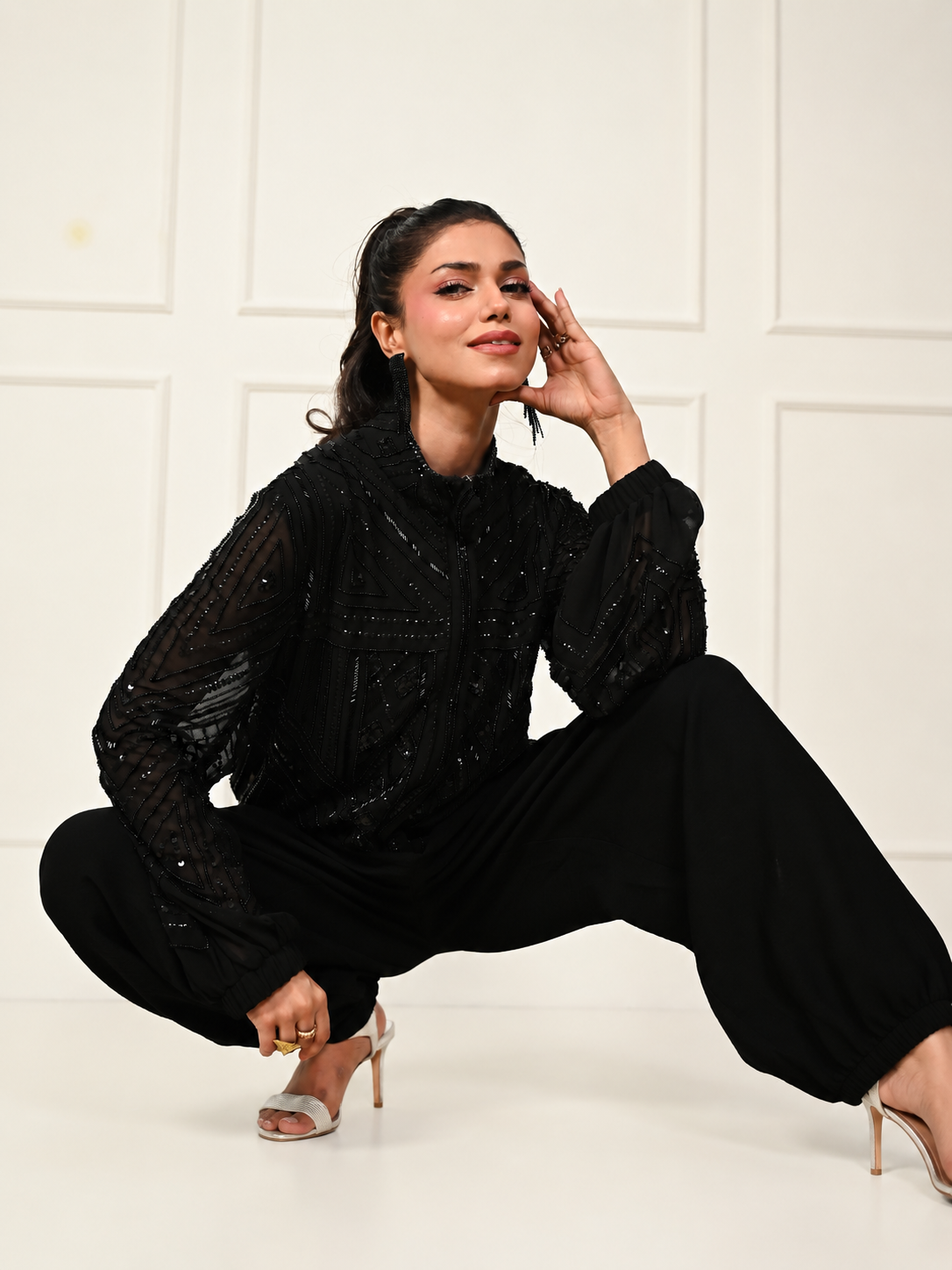 Briar Black Hand Embellished Funnel Neck Bomber Jacket