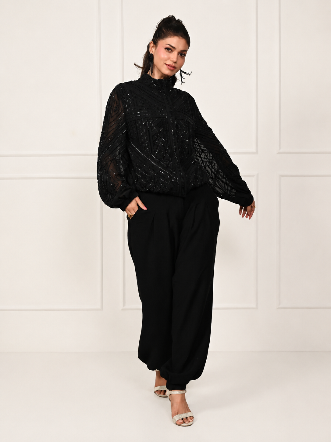 Briar Black Hand Embellished Funnel Neck Bomber Jacket