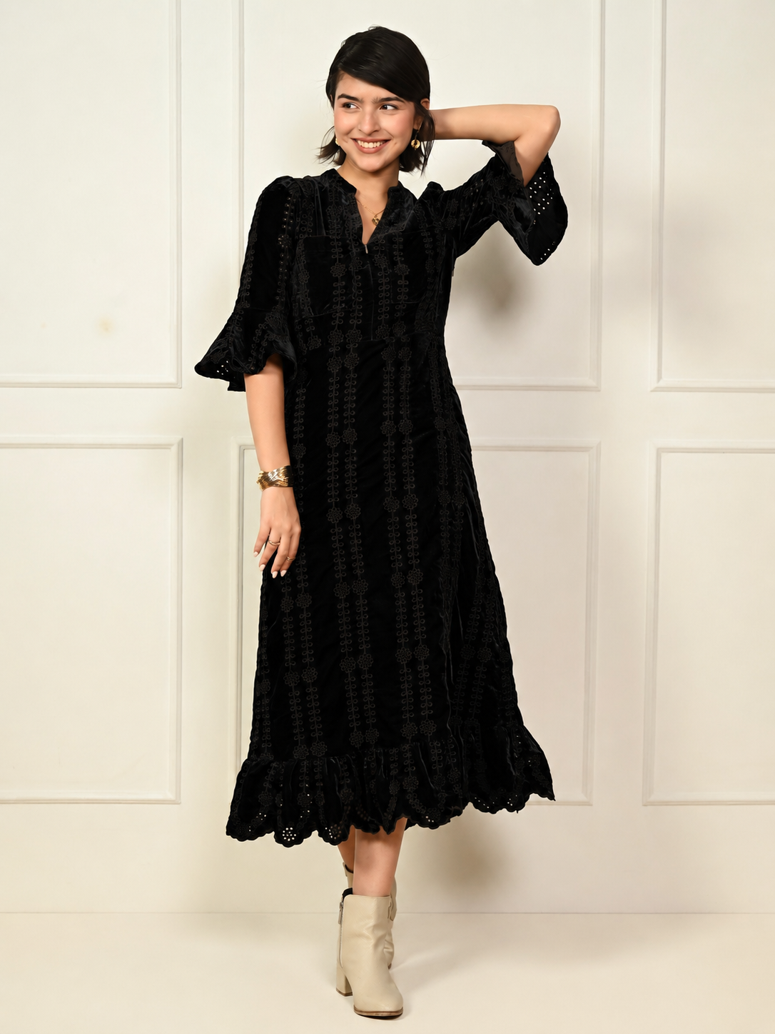 Cat Black Embroidered Velvet Midi Dress