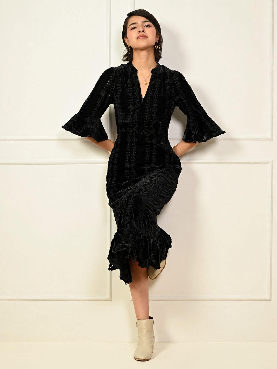 Cat Black Embroidered Velvet Midi Dress