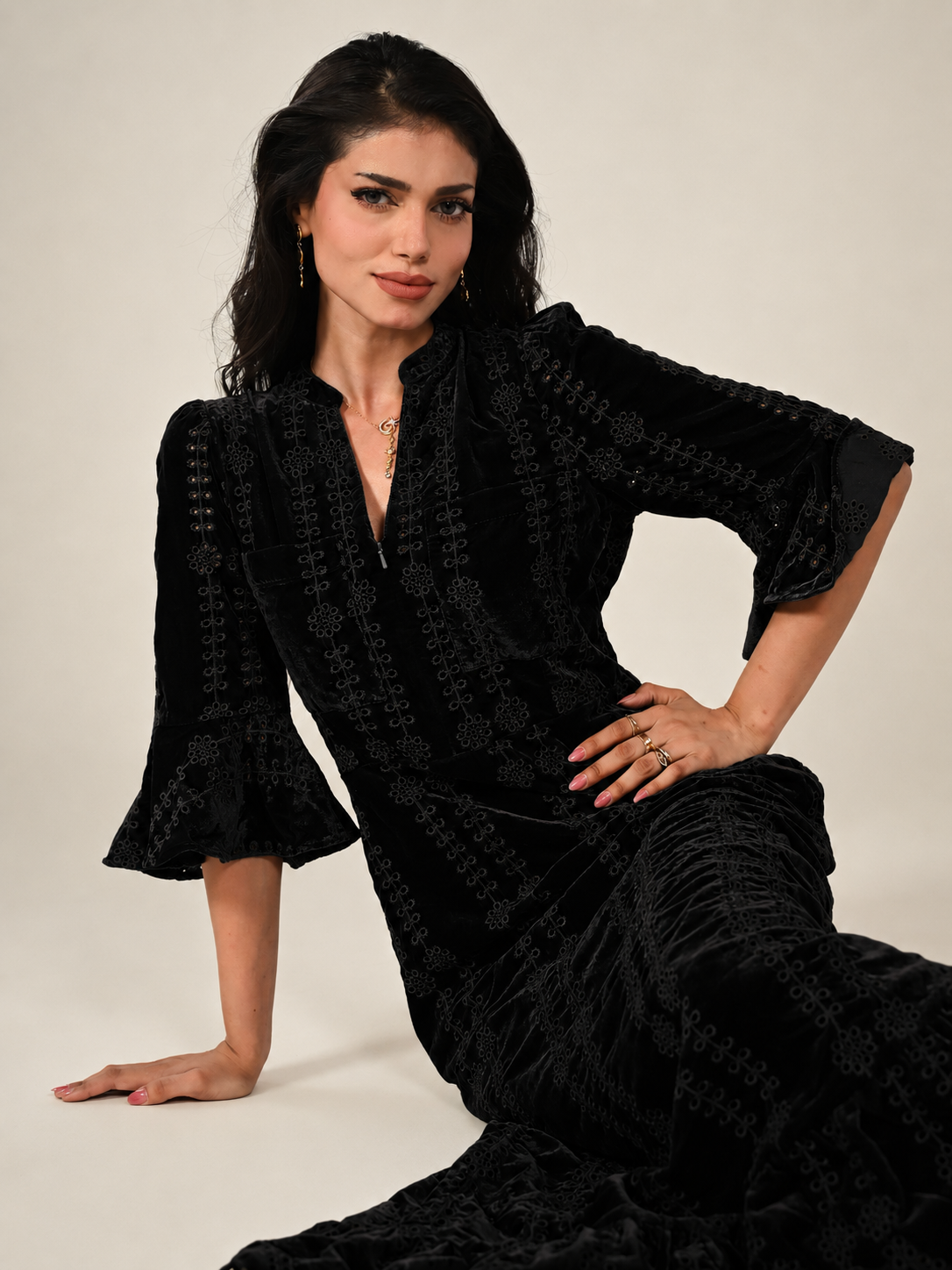 Cat Black Embroidered Velvet Midi Dress