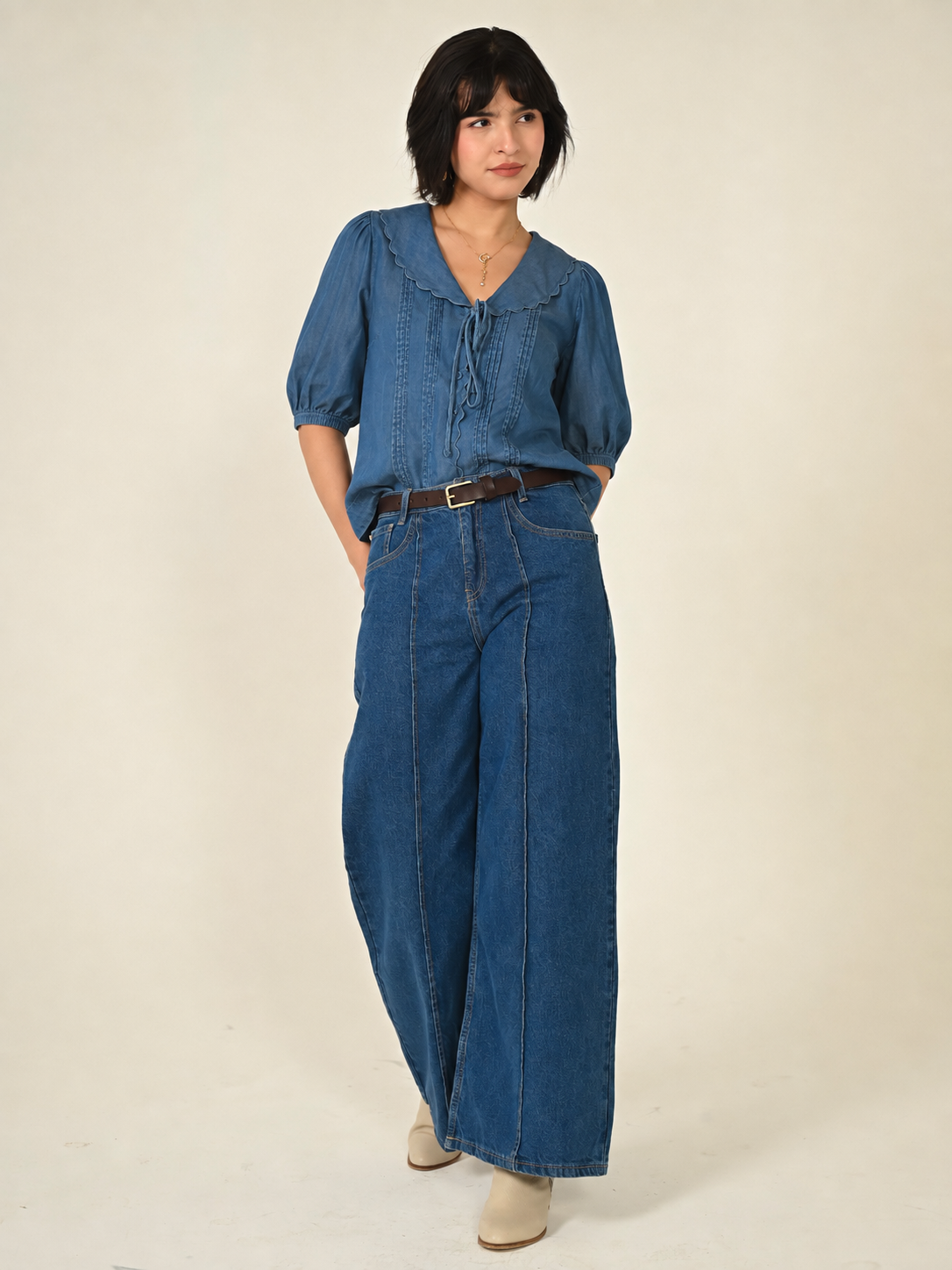 Olive Blue Denim Tencel Collar Blouse