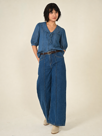 Olive Blue Denim Tencel Collar Blouse