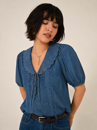 Olive Blue Denim Tencel Collar Blouse