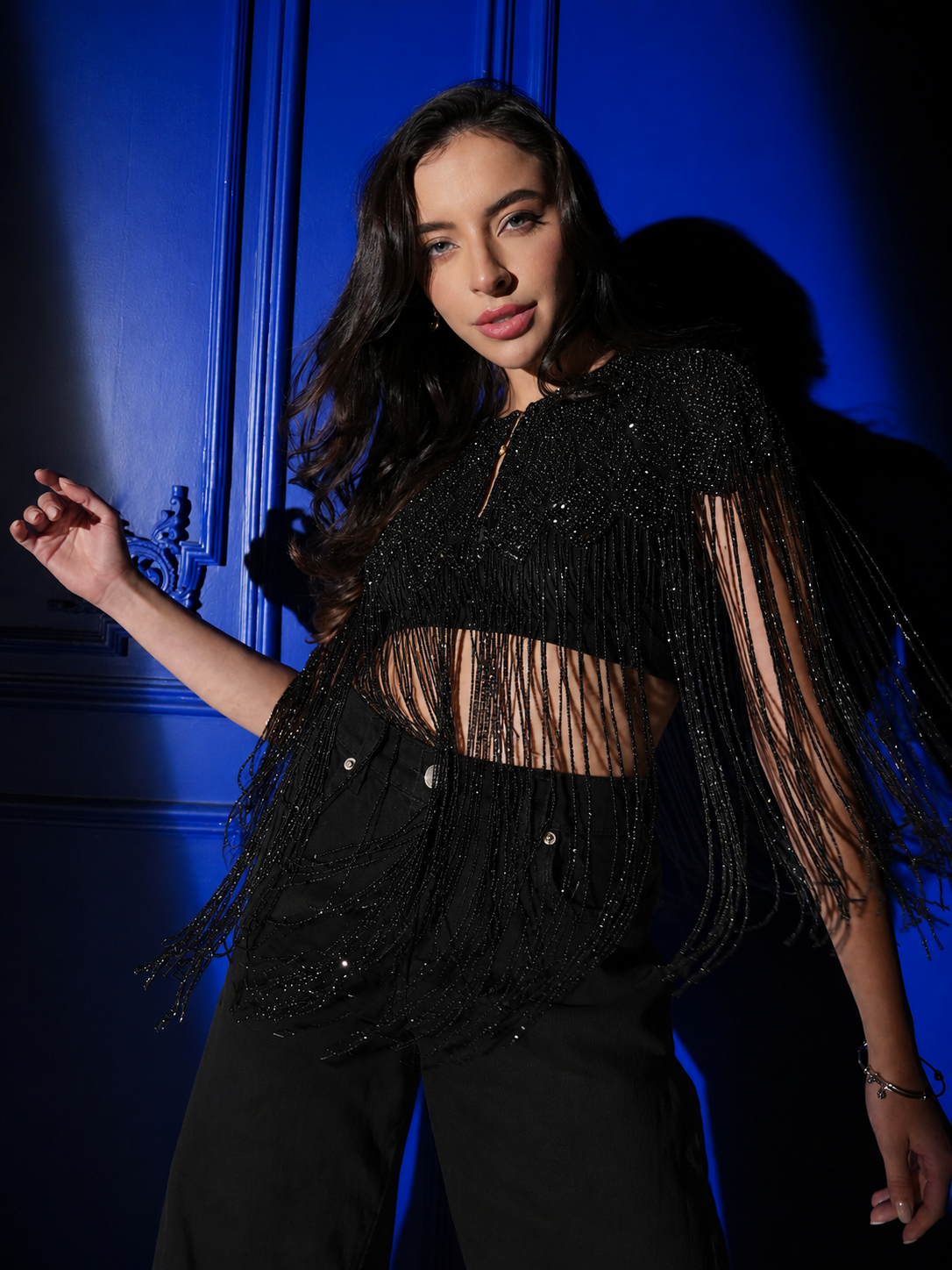 Bella Black Hand Beaded Throw On  Cape Fringed Top