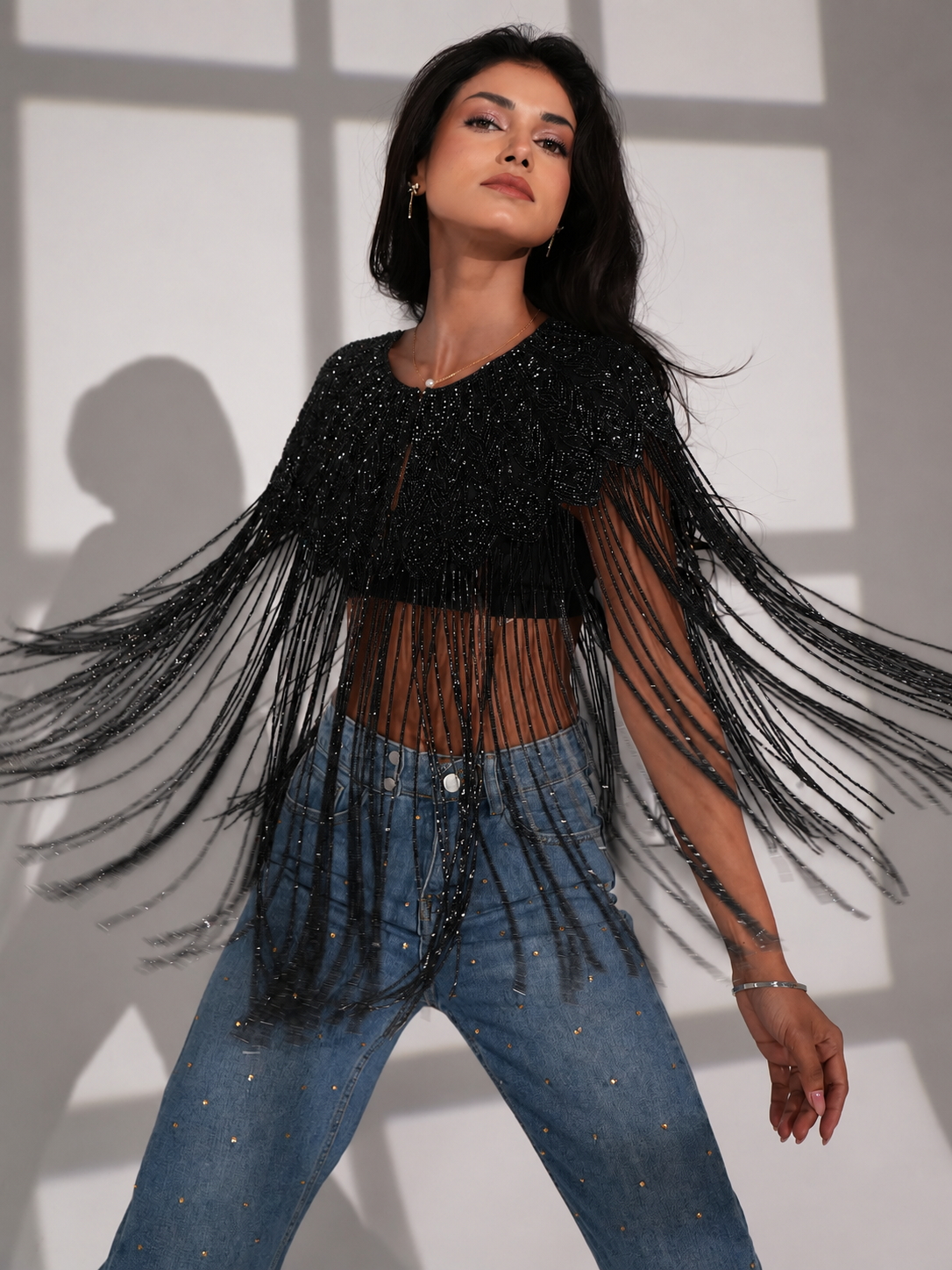 Bella Black Hand Beaded Throw On  Cape Fringed Top