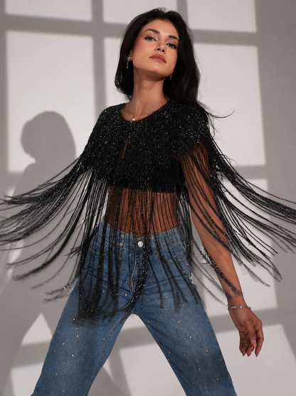 Bella Black Hand Beaded Throw On  Cape Fringed Top