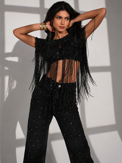 Bella Black Hand Beaded Throw On  Cape Fringed Top