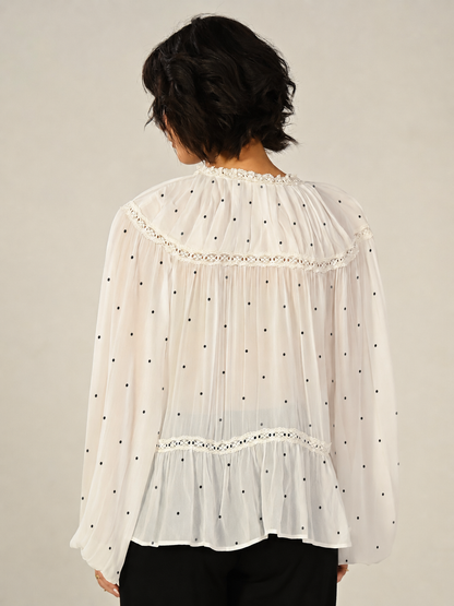 Shelley Ivory Polka Dot Tie Neck Lace Trim Blouse