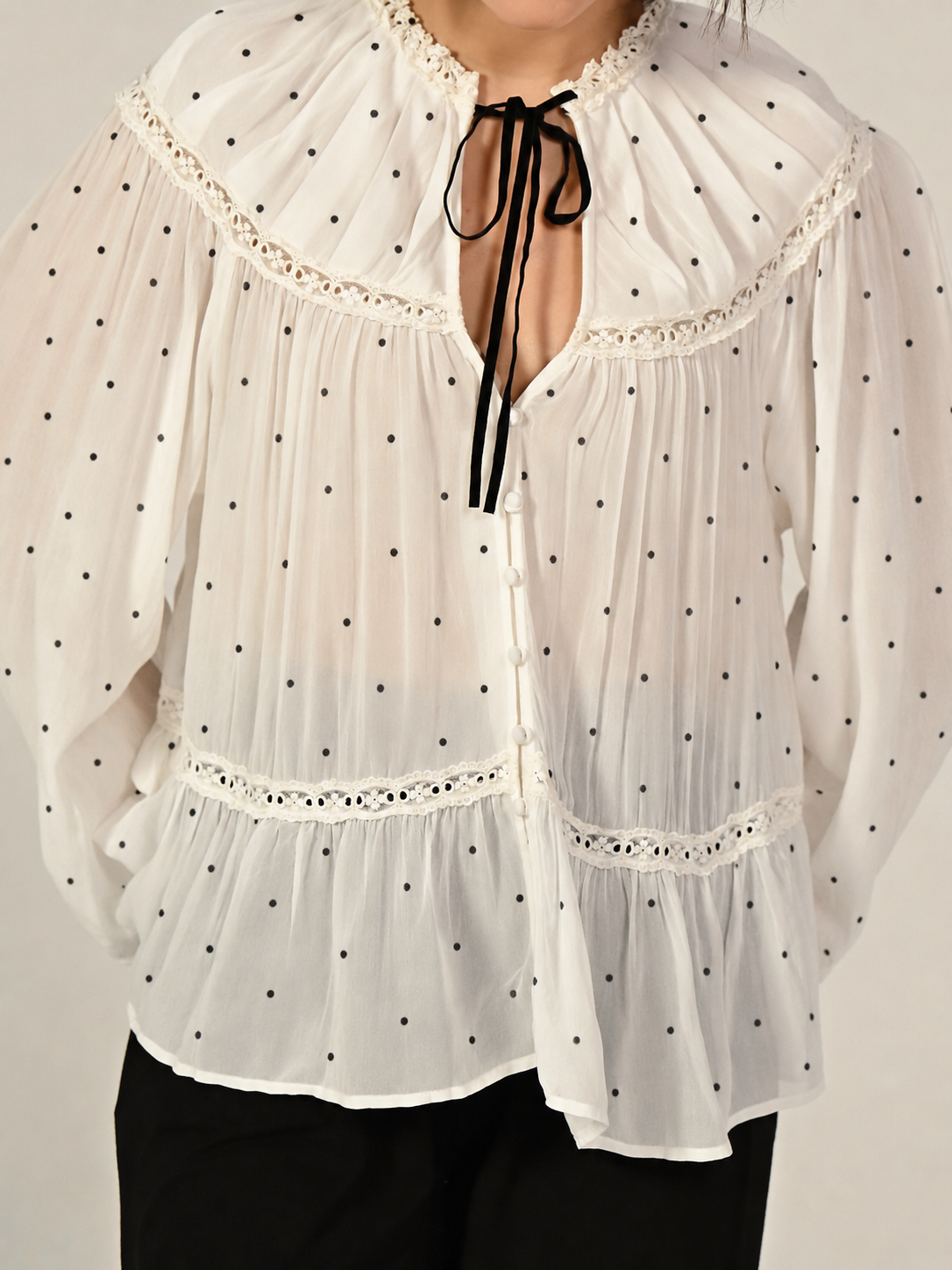 Shelley Ivory Polka Dot Tie Neck Lace Trim Blouse