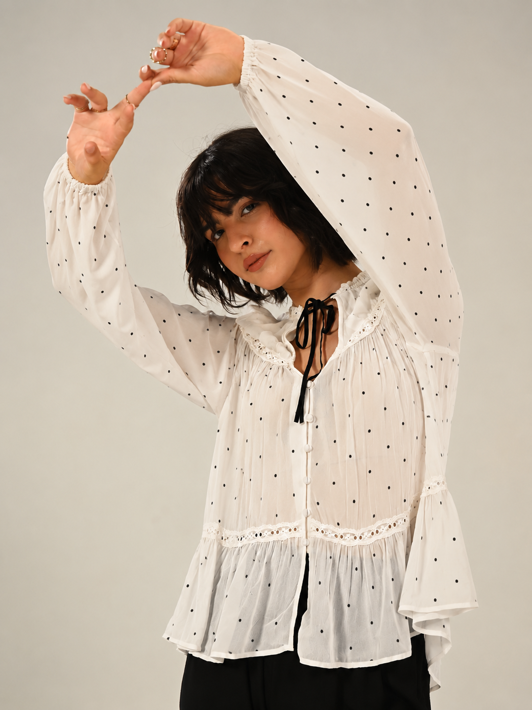 Shelley Ivory Polka Dot Tie Neck Lace Trim Blouse