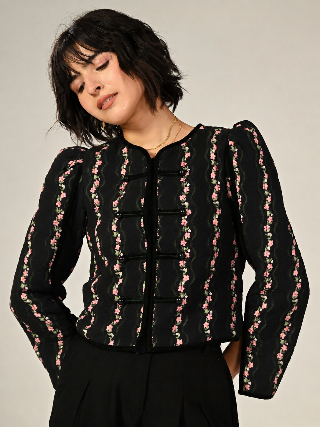 Queenie Black Floral Print Velvet Trim Military Jacket