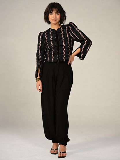 Queenie Black Floral Print Velvet Trim Military Jacket