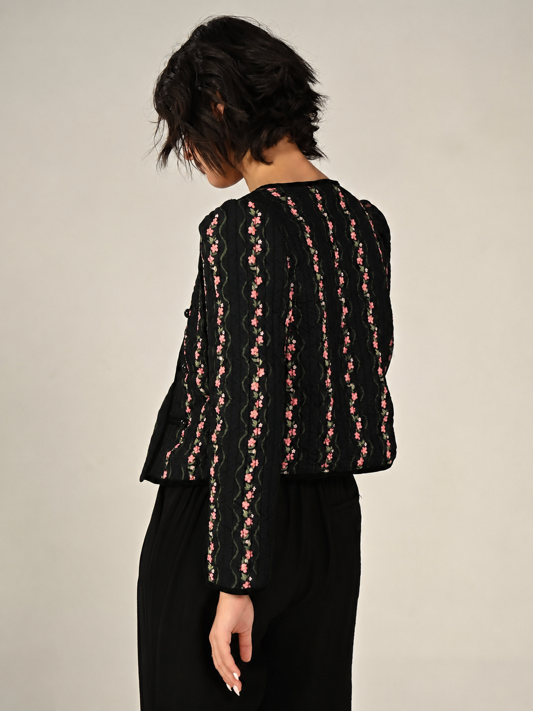 Queenie Black Floral Print Velvet Trim Military Jacket