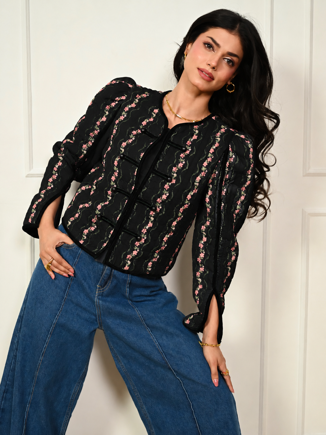 Queenie Black Floral Print Velvet Trim Military Jacket