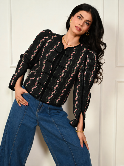 Queenie Black Floral Print Velvet Trim Military Jacket