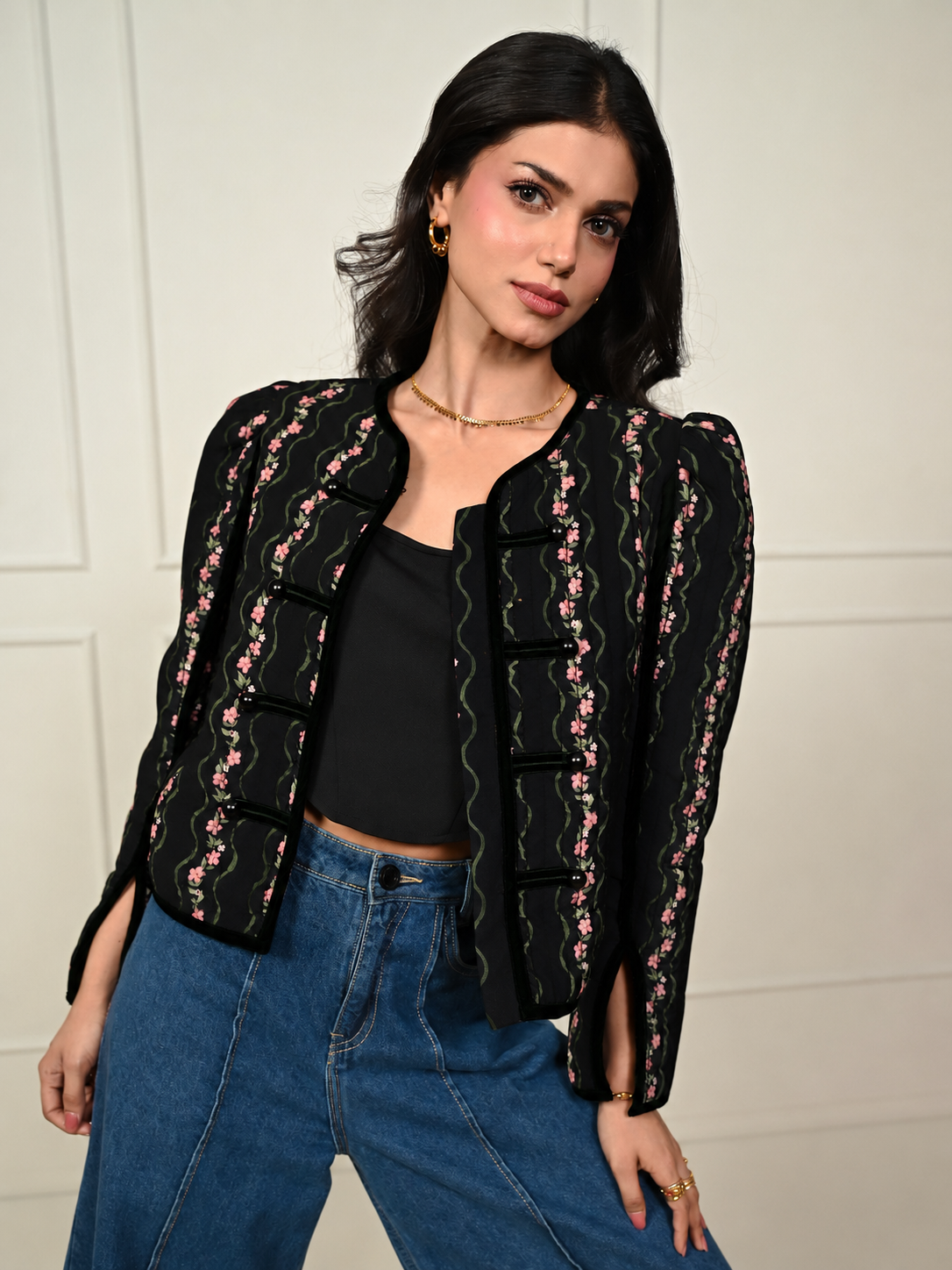 Queenie Black Floral Print Velvet Trim Military Jacket