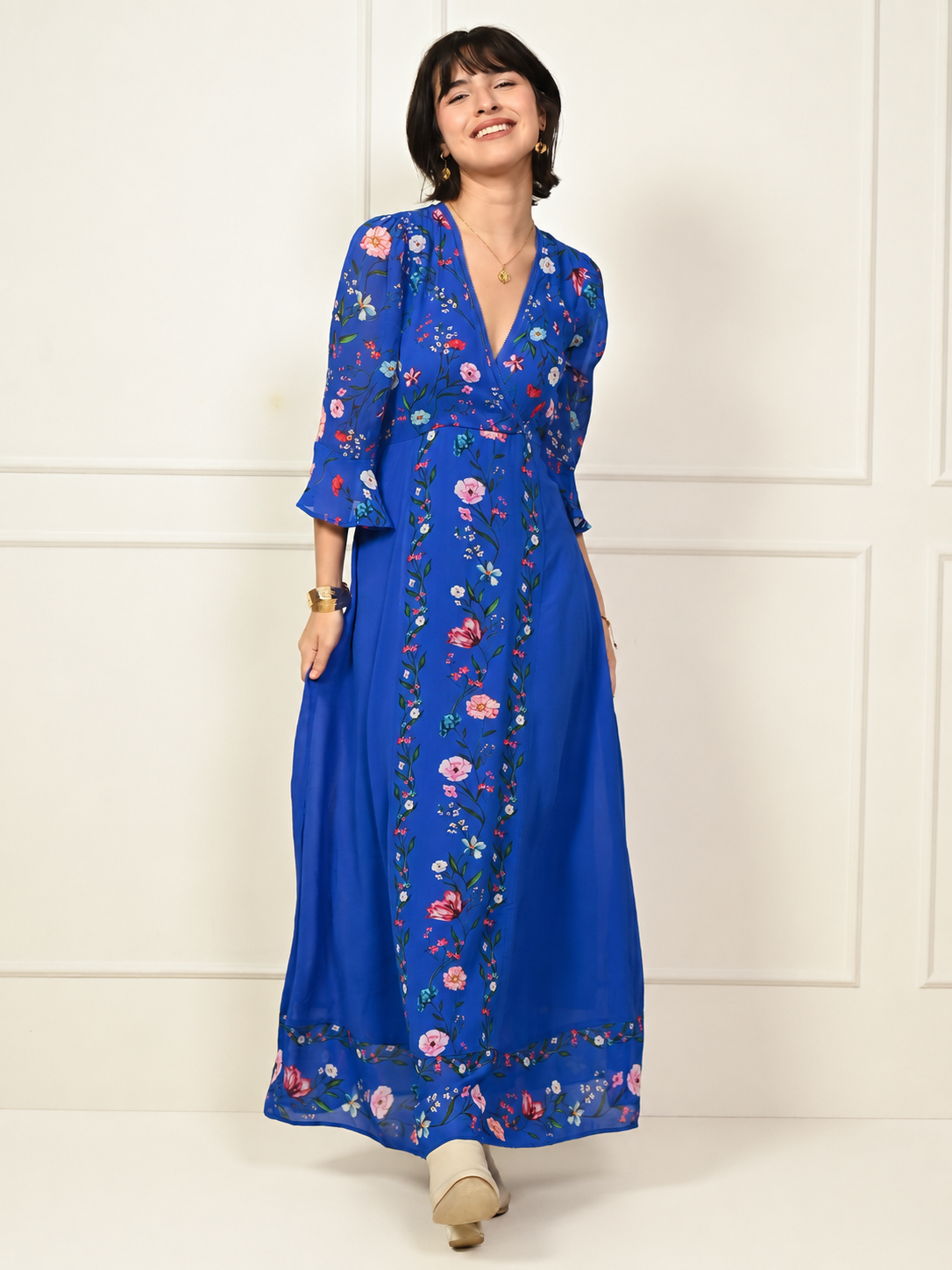 Tory Blue Botanical Floral Border Print Maxi Dress