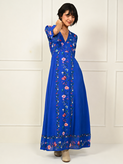 Tory Blue Botanical Floral Border Print Maxi Dress
