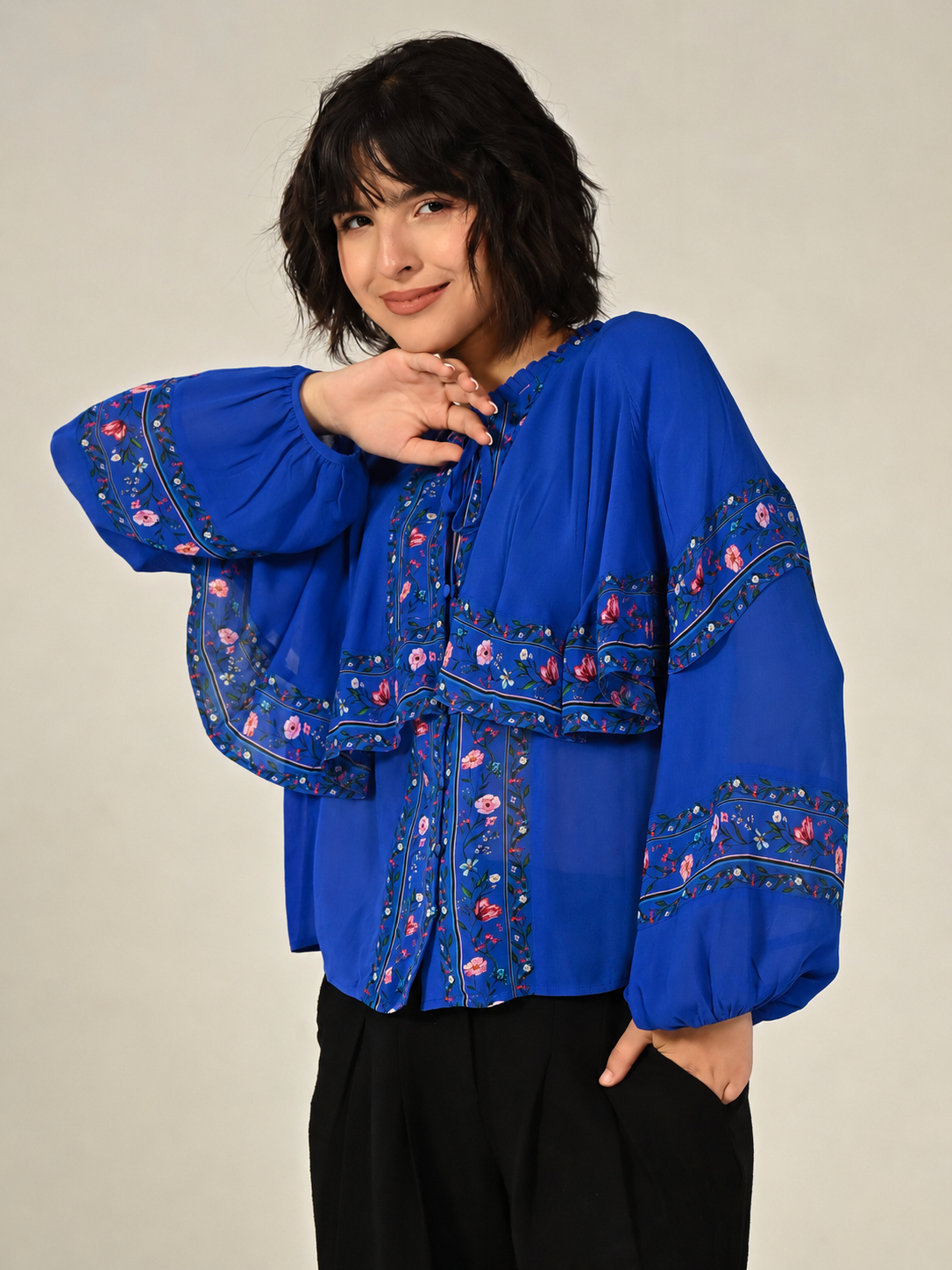 Tory Blue Floral Cape Blouse