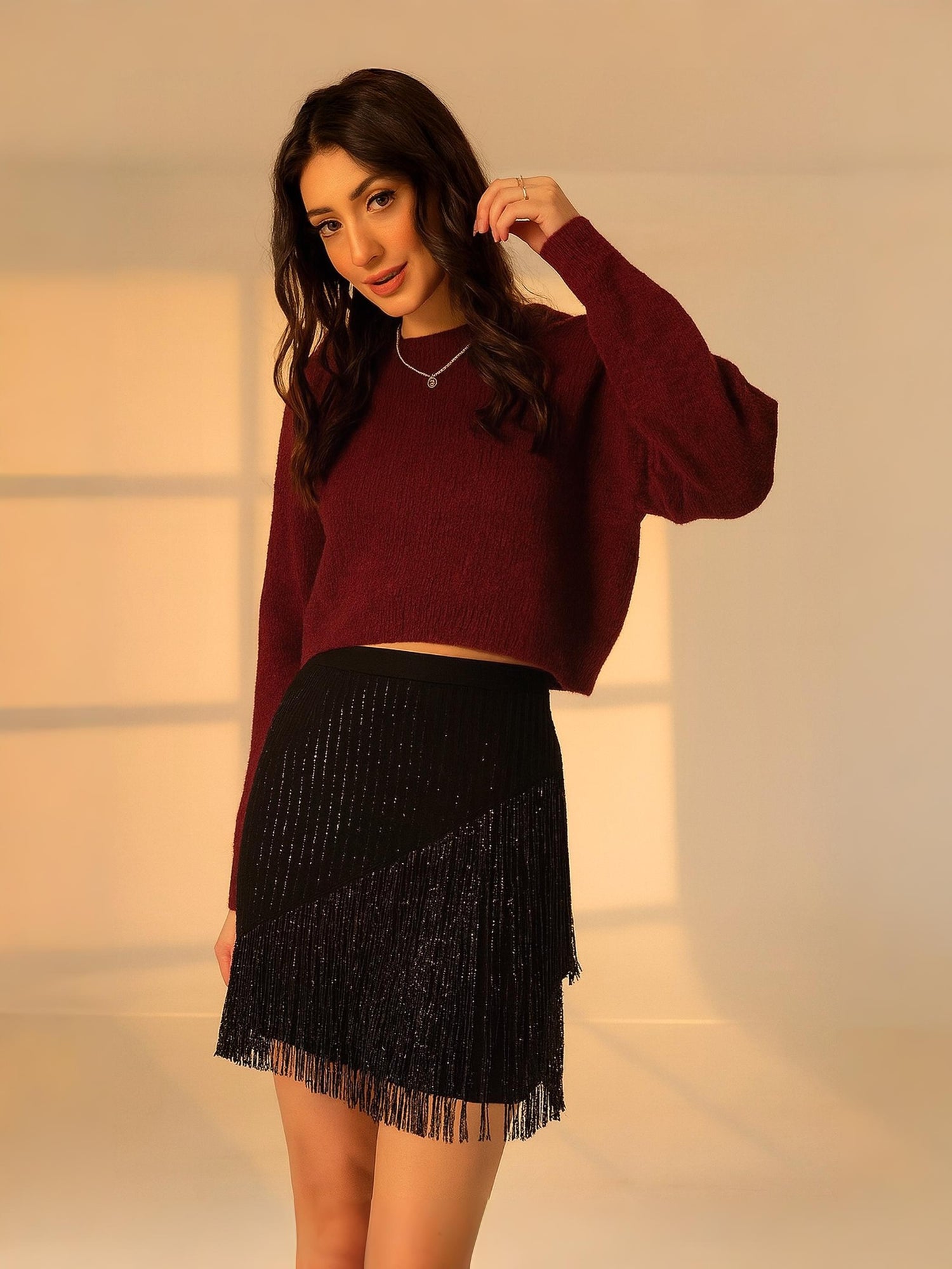 Elsa Black Fringe Beaded Mini Skirt